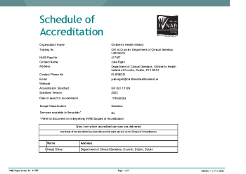  Children's Health Ireland t/a CHI at Crumlin: Department of Clinical Genetics Laboratory - 417MT summary image