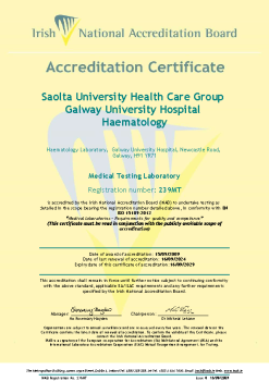 Saolta University Health Care Group Galway University Hospital Haematology - 239MT Cert summary image
