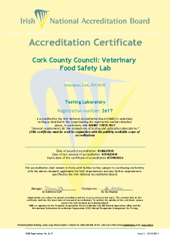 Cork County Council Veterinary Food Safety Laboratory - 261T Cert summary image