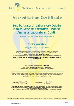 Public Analyst's Laboratory Dublin - 99T Cert summary image