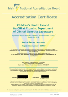 Children's Health Ireland t/a CHI at Crumlin: Department of Clinical Genetics Laboratory  417MT Cert thumbnail