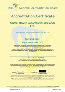 Animal Health Laboratories (Ireland) Ltd.  305T Cert thumbnail