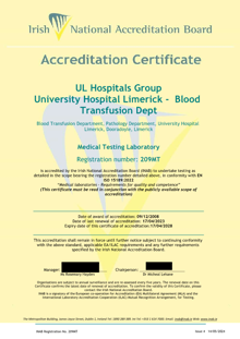 HSE Mid-West t/a University Hospital Limerick - Blood Transfusion 209MT Cert thumbnail