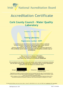 Cork County Council Water Quality Laboratory  329T Cert thumbnail