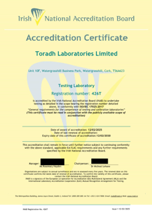 Toradh Laboratories  426T Cert thumbnail