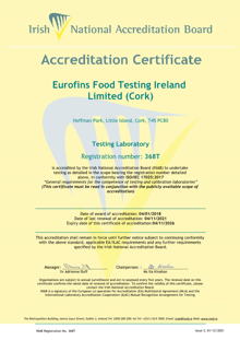 Eurofins Food Testing Ireland Limited (Cork)  368T Cert thumbnail