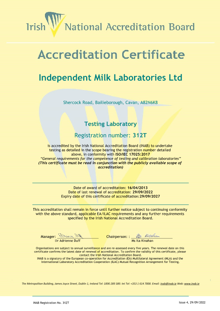 Independent Milk Laboratory Limited  312T Cert thumbnail