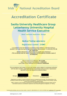 HSE West and Northwest Hospitals Group, Letterkenny University Hospital, Pathology Department t/a Health Service Executive 210MT Cert thumbnail